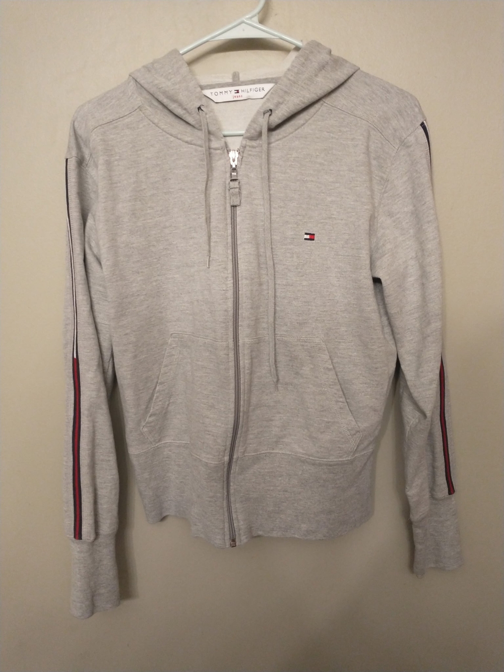 Tommy Hilfiger Light Gray Zip Hoodie with Signature Sleeve Stripes